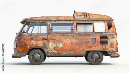 Side view of rusty vintage camper van over white background