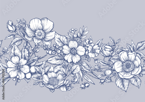 Blooming tree rose, rose flowers on branches. with sparrow, finches, butterflies, dragonflies. Seamless pattern, background. Vector illustration. Chinoiserie, traditional oriental botanical motif.