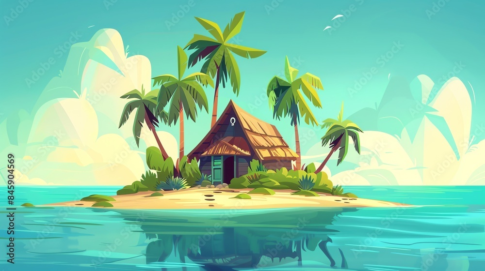 Vector illustration of beautiful scenic landscape of tropical sea island with palm tree and house Vector illustration of beautiful scenic landscape of tropical sea island with palm tree and house