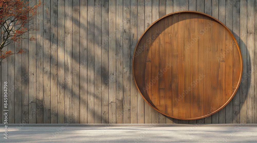 A wooden wall hosts a circular mockup signboard, awaiting a storefront's branding in a street setting