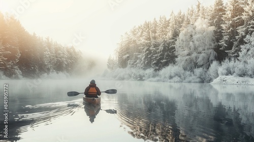 Man raw a boat in still lake water in winter with snow covering forest photo