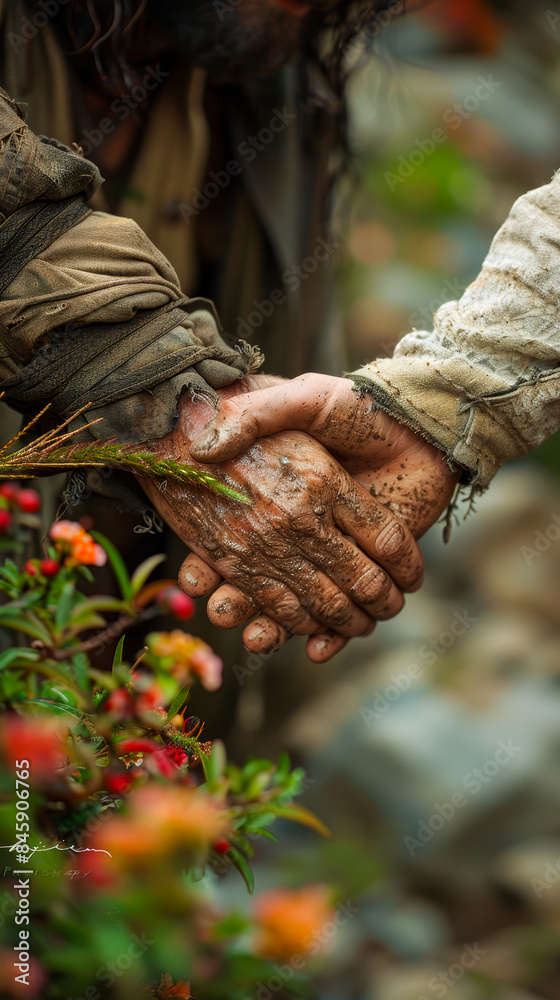 Healing Hands: A Hand of Jesus Christ Reaching Out to Help a Woman in Need in Nature Setting Healing Hands: A Hand of Jesus Christ Reaching Out to Help a Woman in Need in Nature Setting