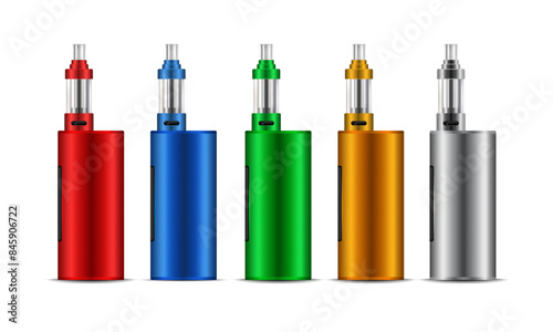 Set of multicolored electronic device icons. Vaping device in realistic 3D style. Vape pens. Vector