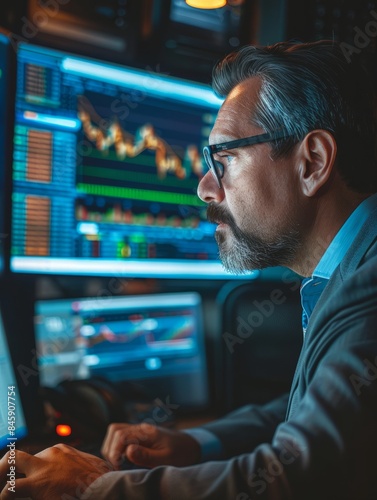 Business man trader big data analyst looking at computer monitor, stock broker analysing indexes, financial chart trading online on screen