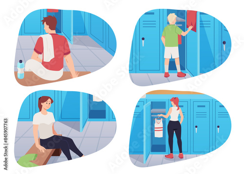 Vector illustrations of athletes changing clothes and sitting in the locker room