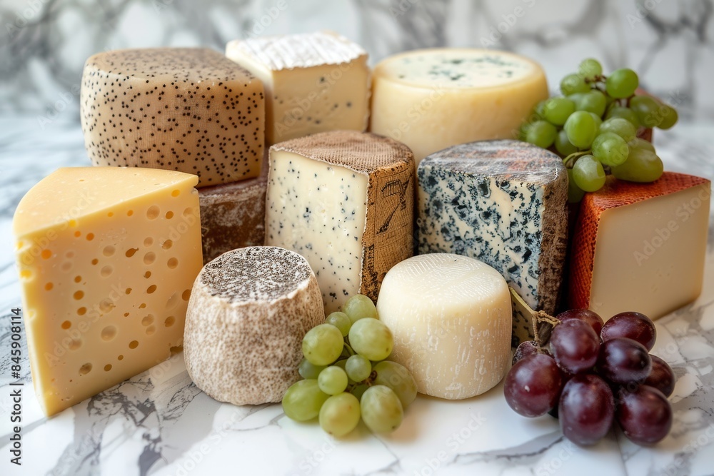 Assorted Cheese Varieties Displayed on Marble Counter with Grapes
