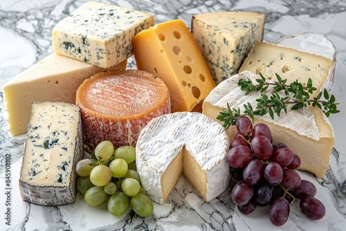Assorted Cheese Varieties Displayed on Marble Counter with Grapes
