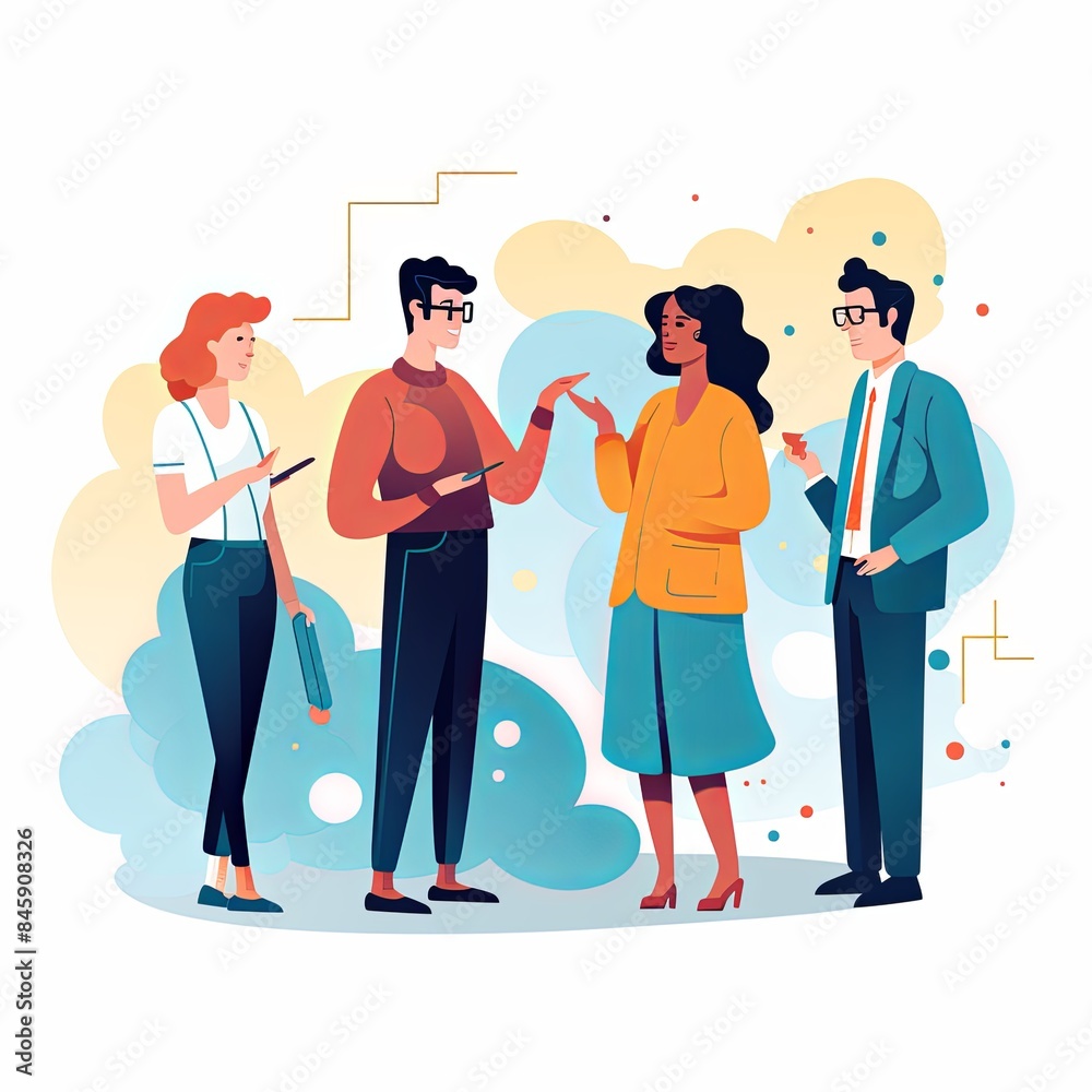 flat vector style illustration, a diverse group of people talking and collaborating, on white background flat vector style illustration, a diverse group of people talking and collaborating, on white background