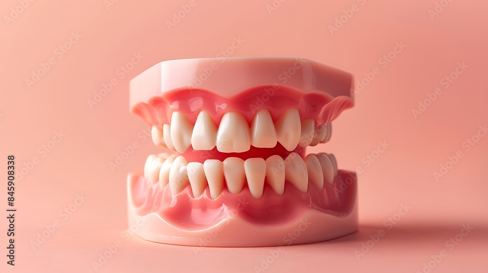 Obraz premium Chattering teeth toy or joke teeth wind up moving on pink background funny comedy relax time concept