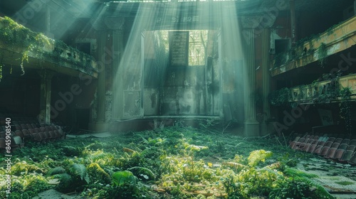 Fototapeta Naklejka Na Ścianę i Meble -  Abandoned city art theatre debris with green plants growing. Post apocalypse scene.