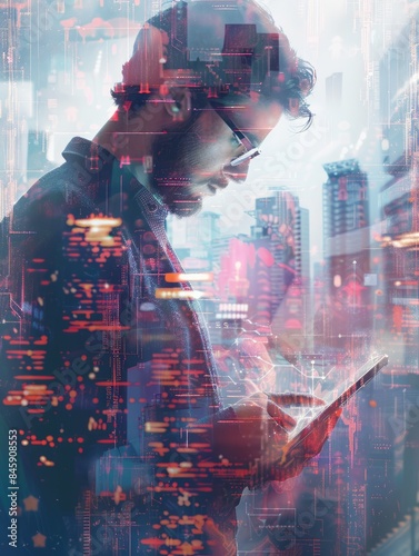 Handsome young businessman using tablet computer on abstract city background with double exposure of business graph. Technology concept