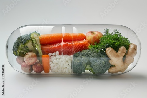 Large Pill Capsule Filled with Fresh Vegetables and Fruits Symbolizing Healthy Nutrition
