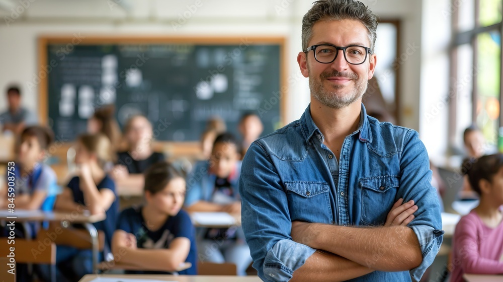 Confident male teacher stands in front of classroom. Students sitting in the background. Education concept with a supportive teacher. Modern classroom setting for learning environment. AI Confident male teacher stands in front of classroom. Students sitting in the background. Education concept with a supportive teacher. Modern classroom setting for learning environment. AI