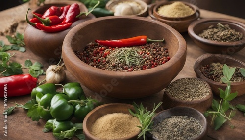 A colorful wooden bowl filled with various spices such as red peppers, green leaves and onions inside and outside of it. Additionally, there is another smaller bowl containing more items including a k