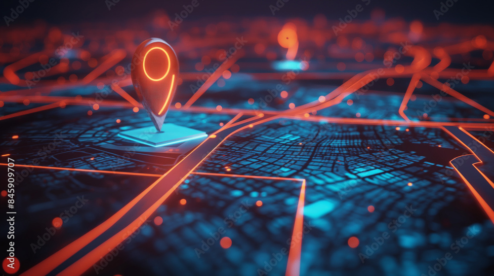 A digital map displaying a location with two pins set, representing AI technology in GPS, innovation in delivery services, and map location for future transport logistics A digital map displaying a location with two pins set, representing AI technology in GPS, innovation in delivery services, and map location for future transport logistics
