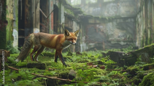 Red fox with abandoned city debris with green plants growing. Post apocalypse scene.