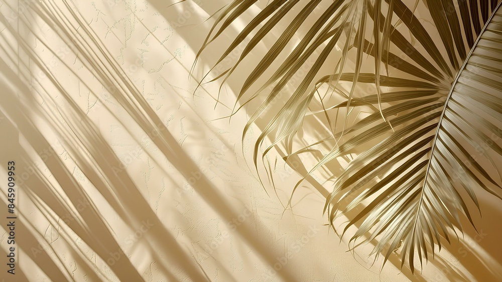 Obraz premium Background texture: Reflection of palm tree branches. Shadows of palm leaves on a beige wall.