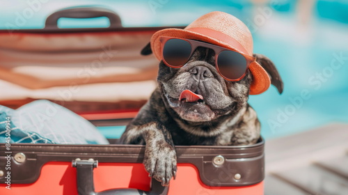 Happy stylish dog puppy on a trip, adorable funny dog sitting in open suitcase on airport background with copy space, concept of traveling, summer holiday, fashion dog © Mars0hod