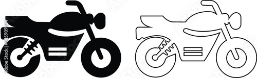 Motorcycle, bike, and motorbike icon set. Side view motorcycle for moped, scooter, roadster, sports, cruiser, touring, scrambler, trial bike, and chopper flat, line isolated on transparent background.