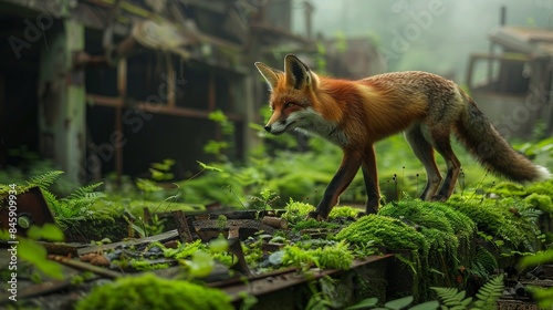 Red fox with abandoned city street debris with green plants growing. Post apocalypse scene.
