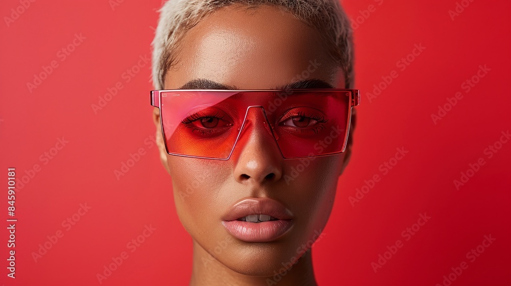 Close-Up Portrait of Stylish Model in Red Sunglasses, Bold Red Background, Fashionable Accessory, Trendy Hairstyle, High Fashion, Perfect for Marketing and Banners Close-Up Portrait of Stylish Model in Red Sunglasses, Bold Red Background, Fashionable Accessory, Trendy Hairstyle, High Fashion, Perfect for Marketing and Banners