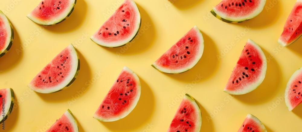 Watermelon design: Vibrant red fruit against sunny yellow backdrop, evoking summer vibes. Overhead view in a flat lay composition.