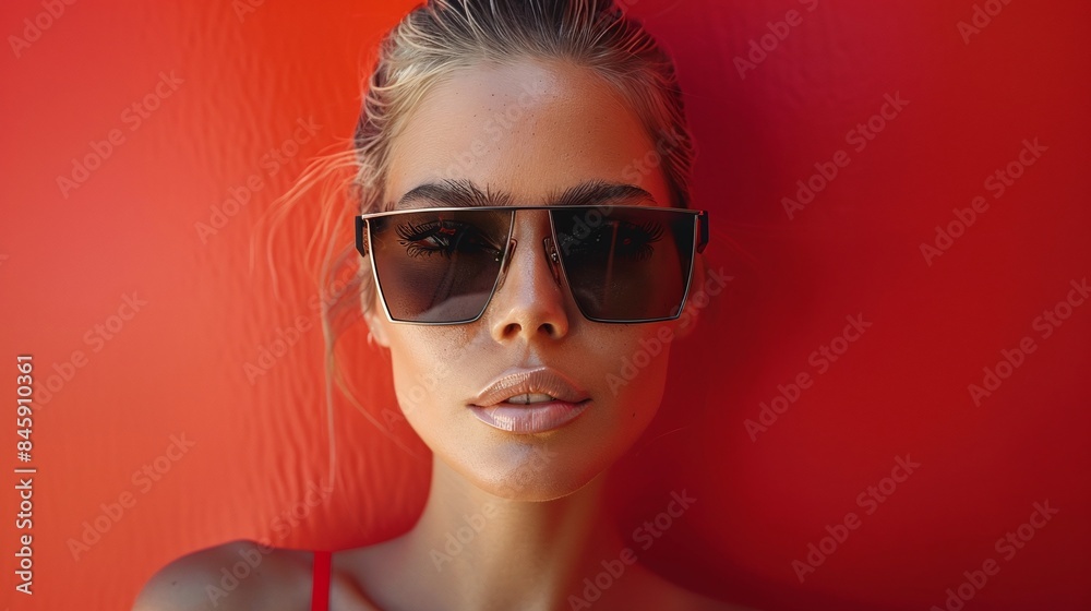 Woman wearing oversized square black sunglasses and red top against red background. Studio fashion portrait. Woman wearing oversized square black sunglasses and red top against red background. Studio fashion portrait.