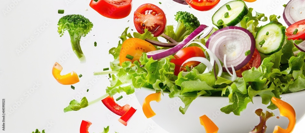 Sliced vegetables cascading into a bowl of salad against a white backdrop