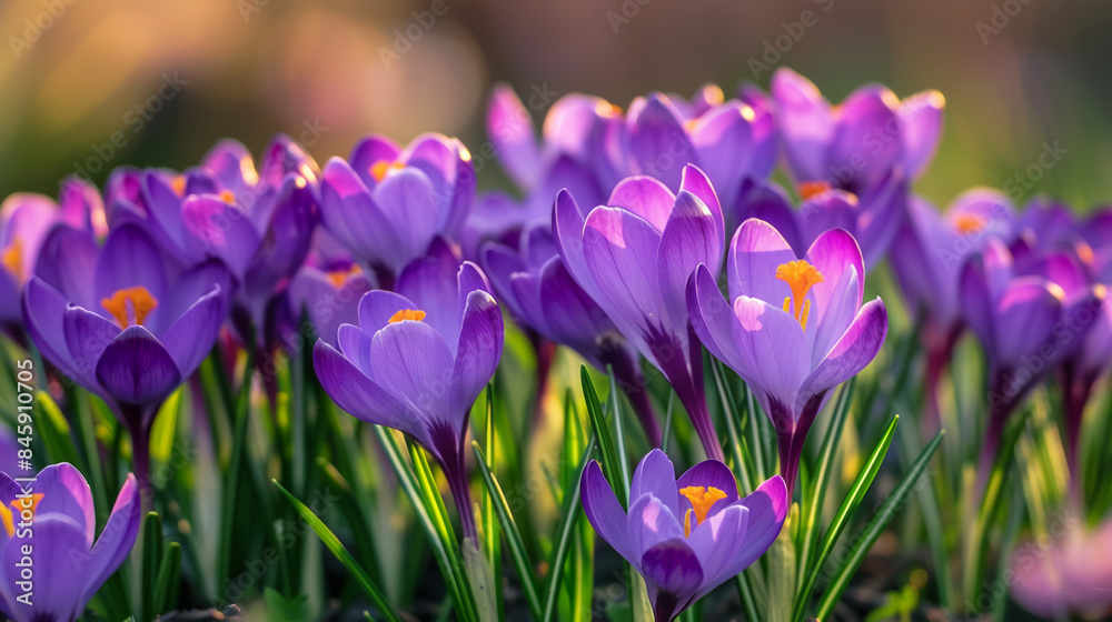 Natural close-up of purple crocus flowers blooming in a lush garden