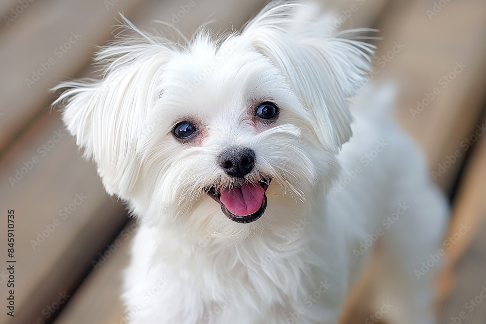 Adorable Maltese puppy smiling, a cute fluffy white dog closeup shot outdoors Adorable Maltese puppy smiling, a cute fluffy white dog closeup shot outdoors