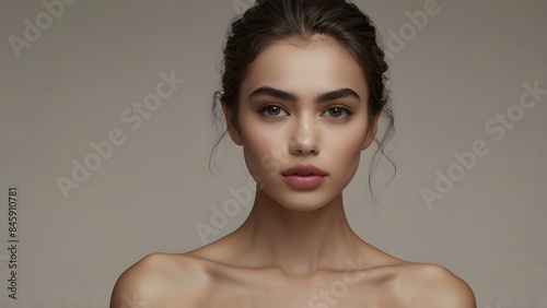  Graceful Young Woman with Sleek Updo and Minimal Makeup in a Professional Studio Portrait