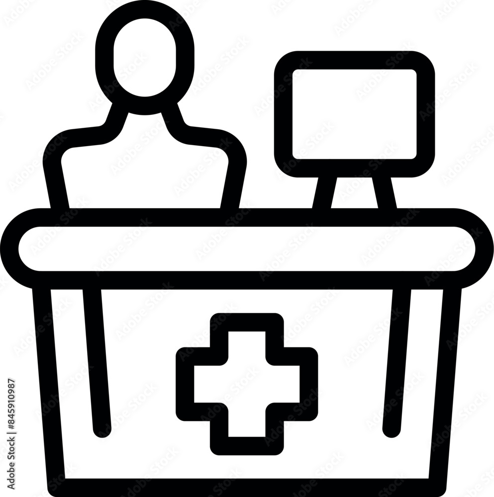 Line art icon of a medical receptionist working behind a desk with a computer Line art icon of a medical receptionist working behind a desk with a computer