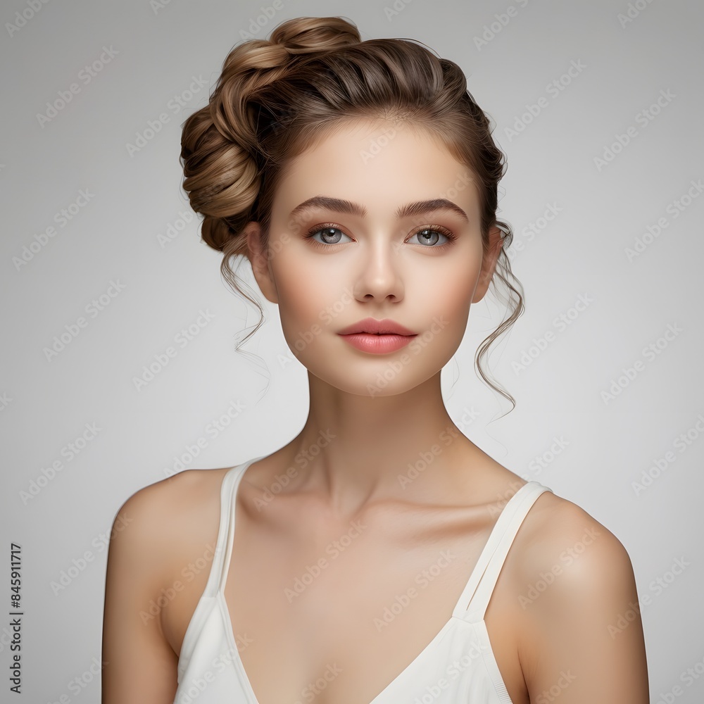 Sophisticated Portrait of a Young Woman with an Intricate Updo and Elegant Makeup, Captured in Soft Studio Lighting Sophisticated Portrait of a Young Woman with an Intricate Updo and Elegant Makeup, Captured in Soft Studio Lighting