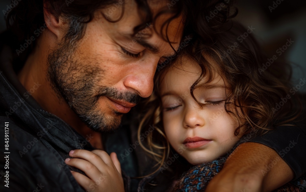 A man is holding a small child. The child is sleeping and the man is looking at her. Scene is tender and loving A man is holding a small child. The child is sleeping and the man is looking at her. Scene is tender and loving