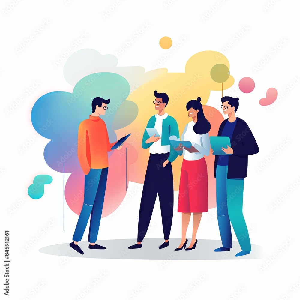 flat vector style illustration, a diverse group of people talking and collaborating, on white background flat vector style illustration, a diverse group of people talking and collaborating, on white background