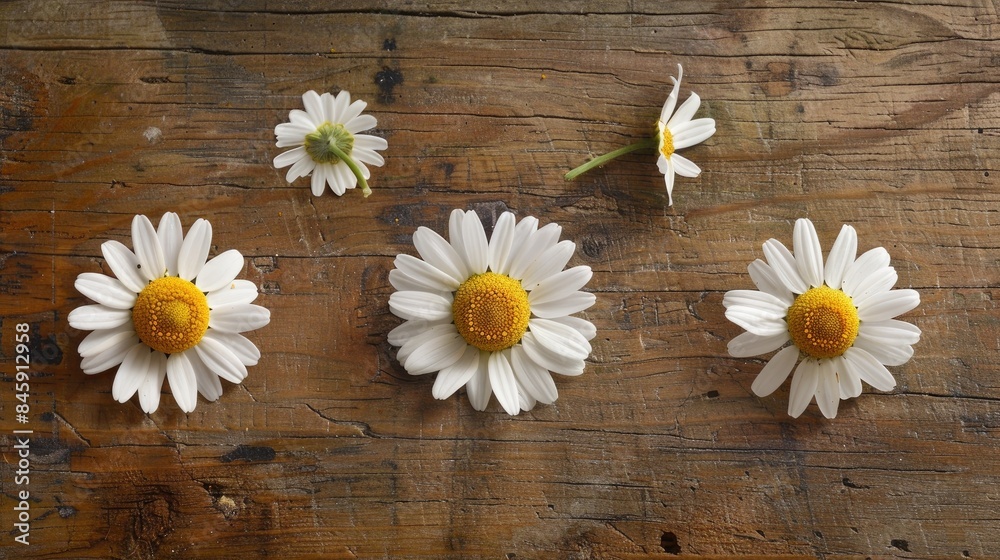 Obraz premium Three chamomile blossoms on a wood surface