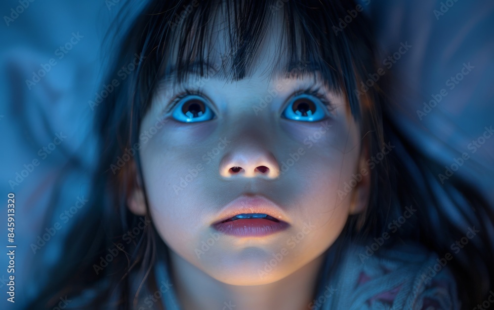 A young girl with long dark hair and blue eyes is looking at the camera. She has a surprised expression on her face A young girl with long dark hair and blue eyes is looking at the camera. She has a surprised expression on her face