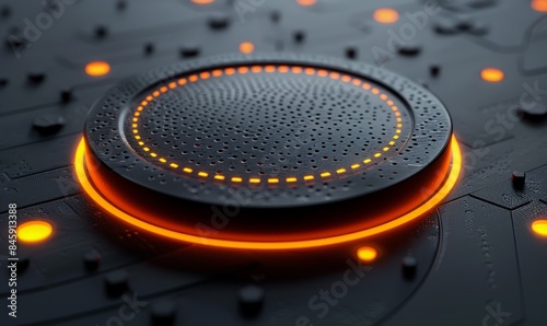 Black Surface with Embossed Shape and Orange Illuminated Trim. Tech Background with Neon Circle.