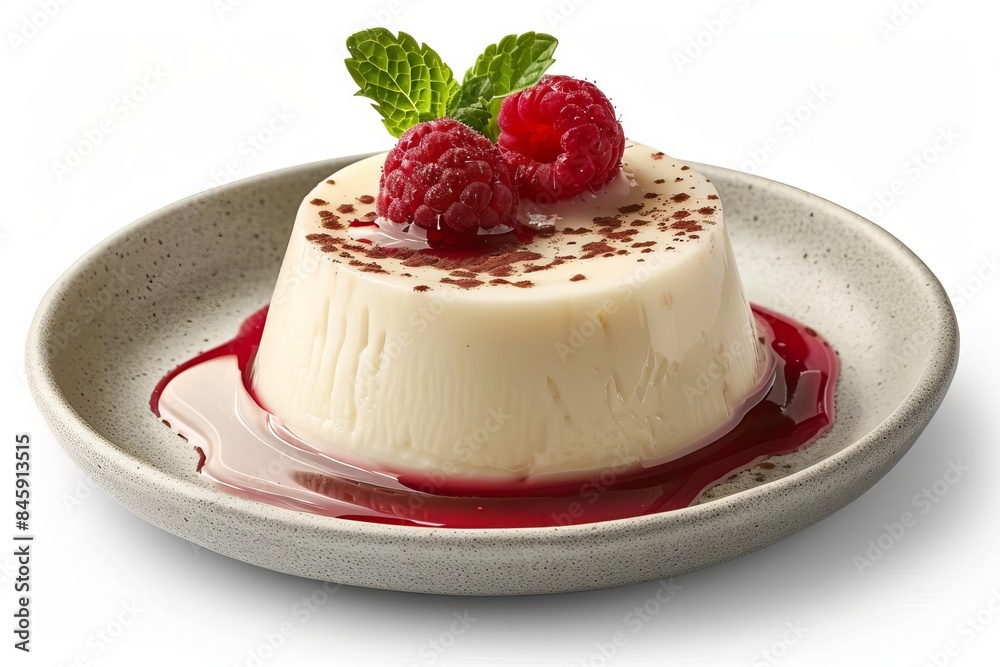 Delicious panna cotta dessert topped with fresh raspberries and mint, served on a ceramic plate with raspberry sauce, white background Delicious panna cotta dessert topped with fresh raspberries and mint, served on a ceramic plate with raspberry sauce, white background
