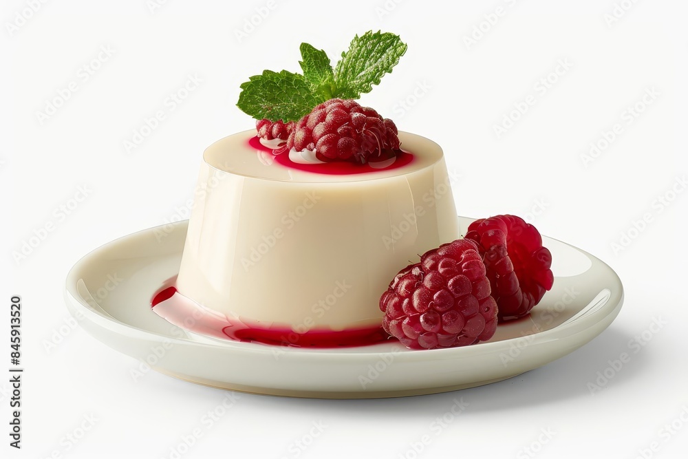 Delicious panna cotta dessert topped with fresh raspberries and mint, served on a white plate, white background Delicious panna cotta dessert topped with fresh raspberries and mint, served on a white plate, white background