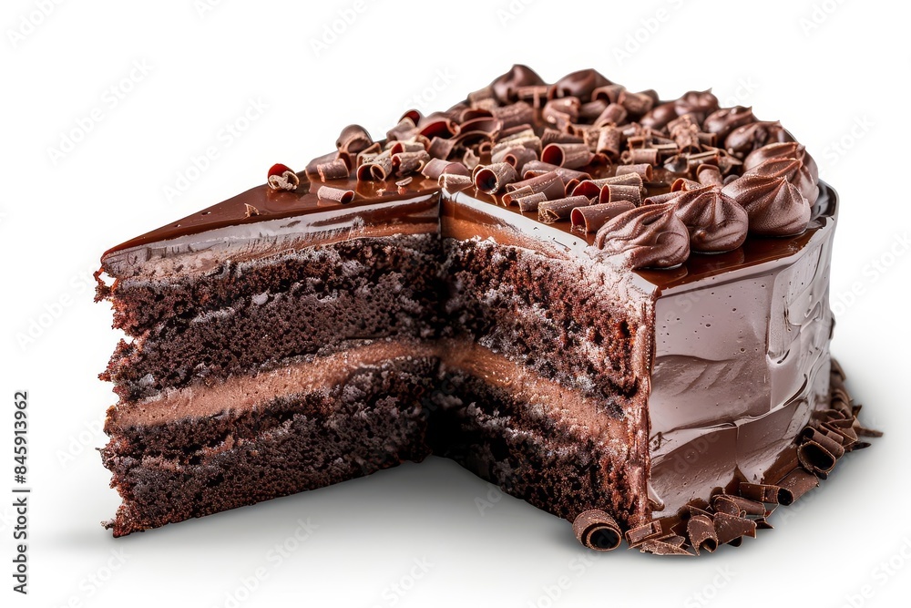 Decadent chocolate cake with rich frosting and chocolate shavings, featuring a slice cut out to reveal its multiple layers, white background Decadent chocolate cake with rich frosting and chocolate shavings, featuring a slice cut out to reveal its multiple layers, white background