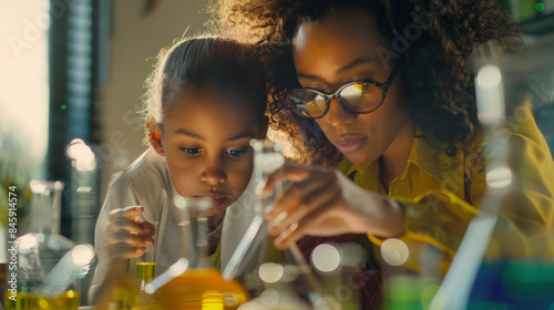 A scientist and child focus intently on an experiment in a brightly lit laboratory, emphasizing teamwork and the excitement of scientific exploration. photo