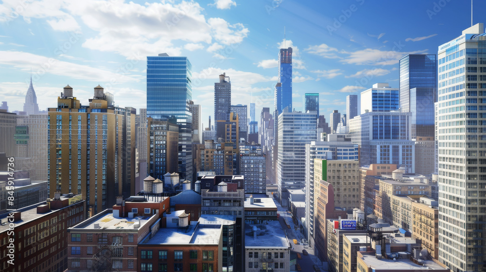 Obraz premium A vibrant daytime cityscape with towering skyscrapers under a blue sky, capturing the hustle and bustle of urban life.