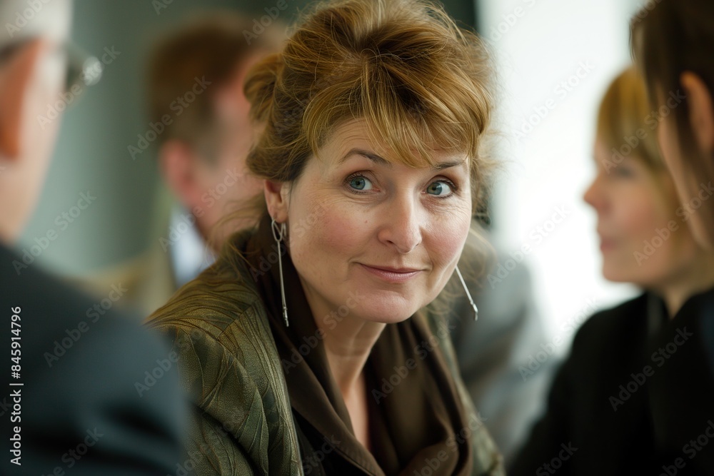 A woman in a casual business outfit, looking to the right, sits in a meeting. A woman in a casual business outfit, looking to the right, sits in a meeting.