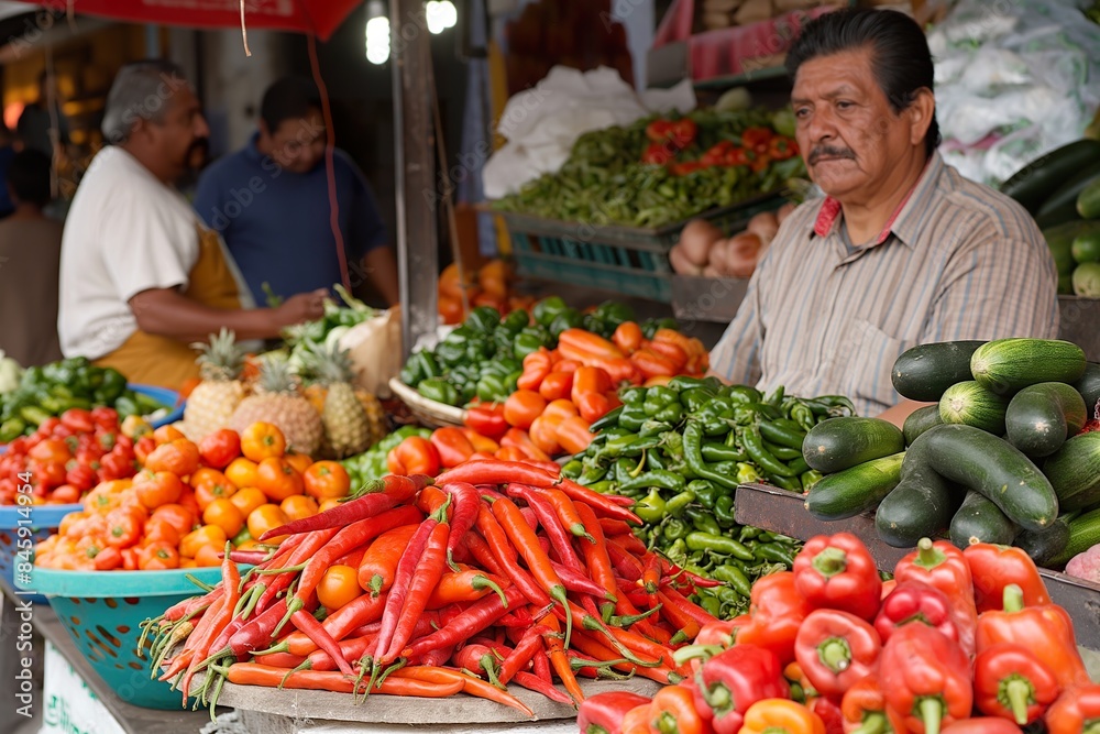A man stands behind a stall of fresh produce at a bustling Mexican market. A man stands behind a stall of fresh produce at a bustling Mexican market.