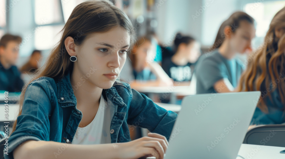 A young student diligently works on her laptop in a bright classroom, surrounded by peers, embodying the focus and determination of academia. A young student diligently works on her laptop in a bright classroom, surrounded by peers, embodying the focus and determination of academia.