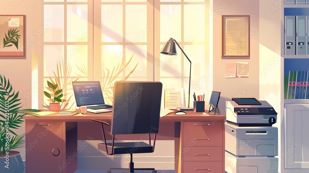 A vector illustration of a home office setup featuring a desk, chair, and laptop, with a desk lamp and printer stand A vector illustration of a home office setup featuring a desk, chair, and laptop, with a desk lamp and printer stand