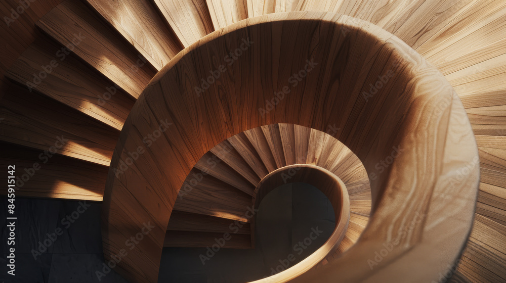 Fototapeta premium An elegant spiral wooden staircase descends gracefully, illuminated by soft, natural light, highlighting its smooth, curved lines and craftsmanship.