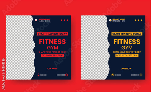 Social media post template design for Gym, Fitness, Workout, and Sports. Editable modern abstract banner with place for the photo. Usable for social media, banner , and website.