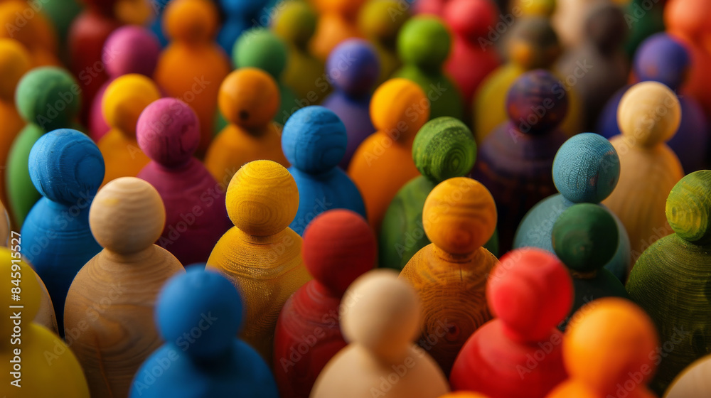 A close-up of numerous small wooden figures painted in bright, vivid colors, arranged closely together, capturing a sense of community. A close-up of numerous small wooden figures painted in bright, vivid colors, arranged closely together, capturing a sense of community.